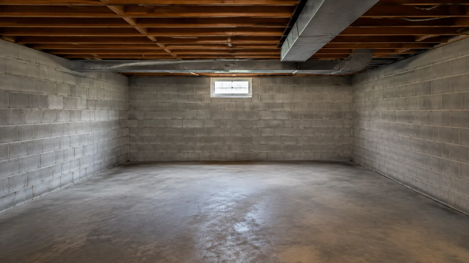A wide empty basement with block walls, overhead ductwork and damp patches across the floor.