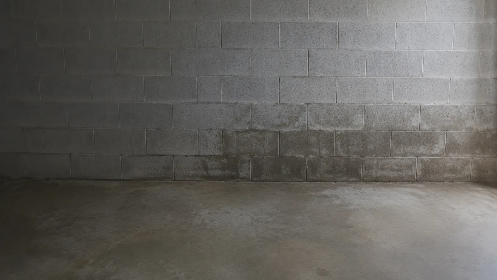 A block basement wall with a dark tide line staining the lower courses where water has stood.