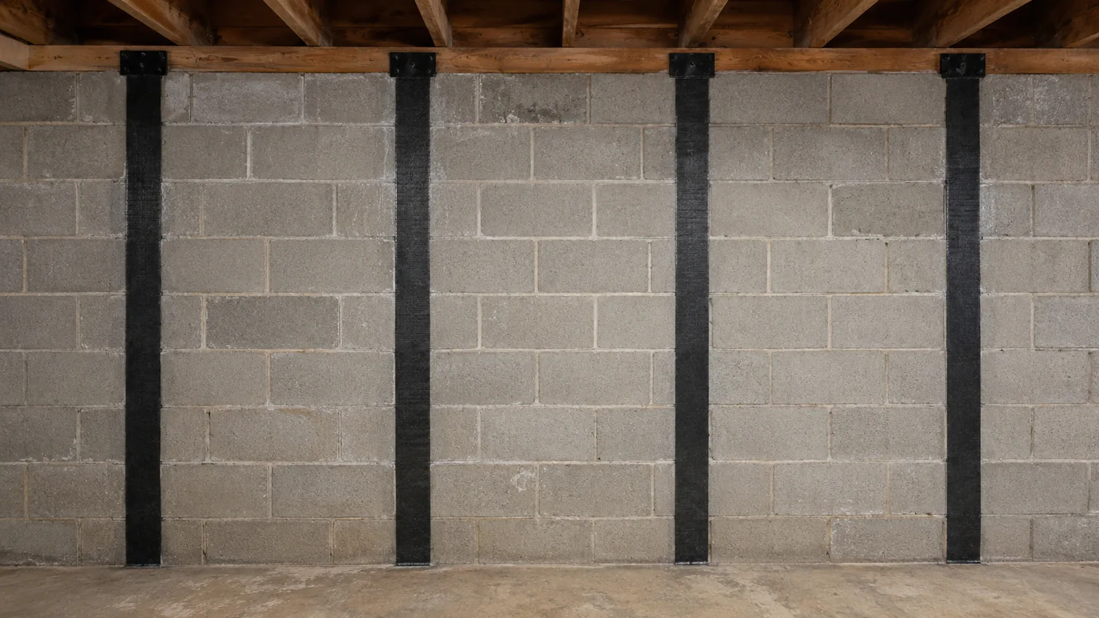 Four black carbon fiber straps bonded floor to ceiling across a concrete block basement wall and bracketed to the floor joists.
