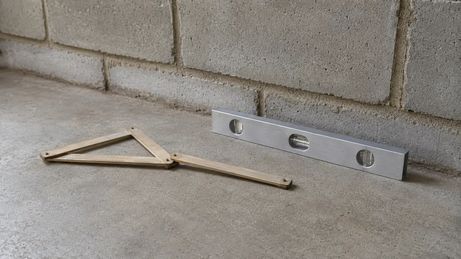 A spirit level and a folding rule lying on a basement floor against a block wall.