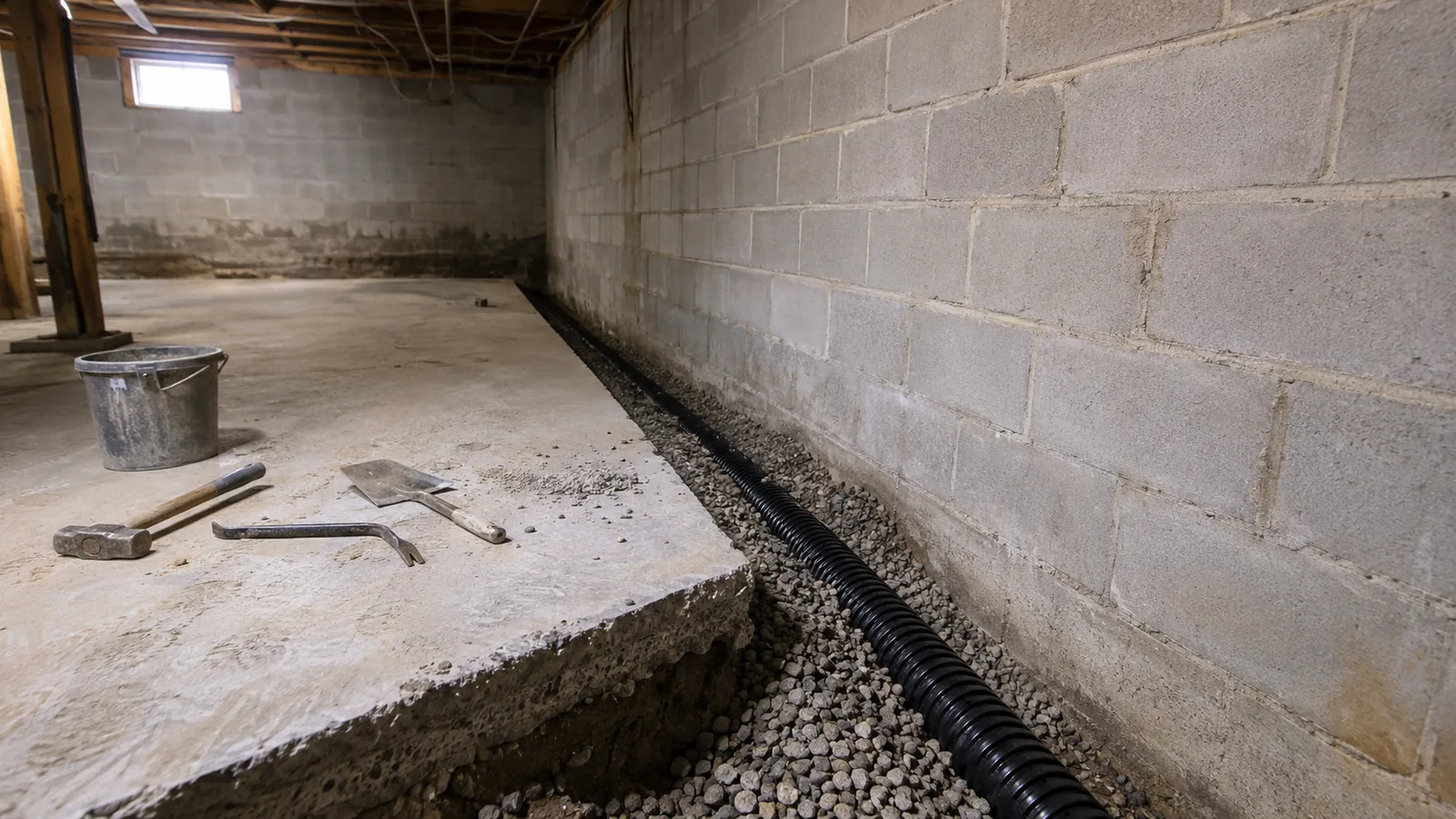 An interior drain trench open along a basement wall with pipe and gravel laid and tools resting on the cut slab.
