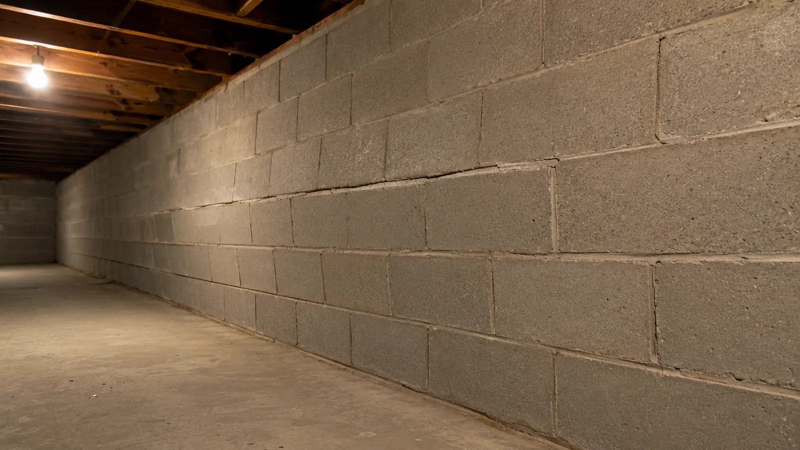 A block basement wall seen along its length under a bare bulb, a horizontal crack running through one mortar course.