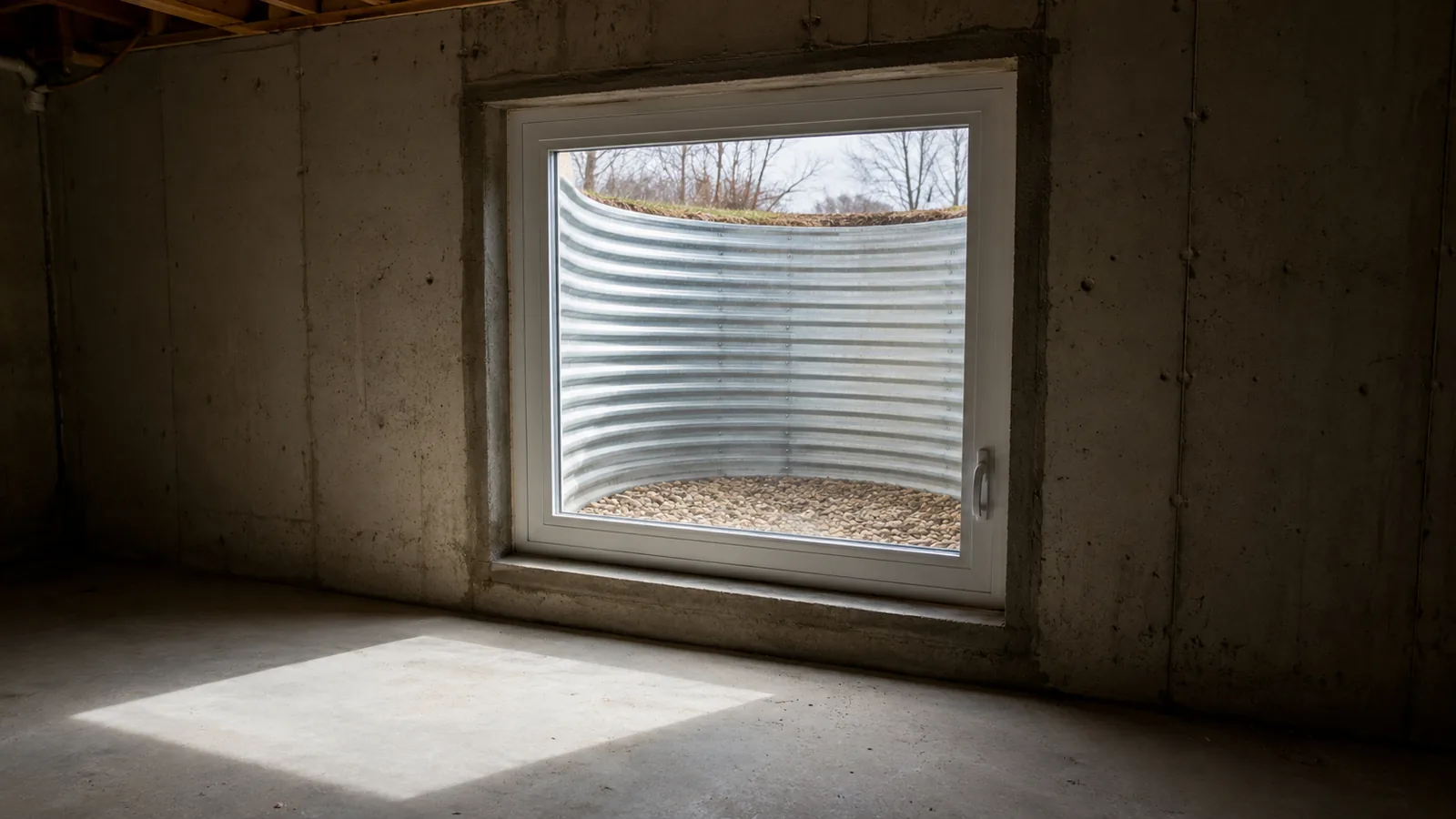 A basement egress window in a poured concrete wall opening into a corrugated steel window well with a gravel base.