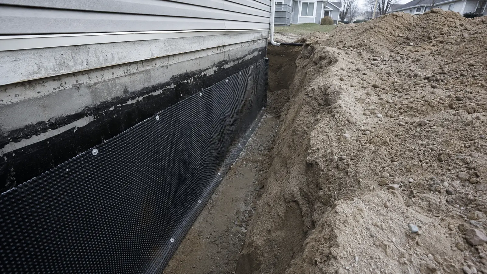 An excavated trench along a house foundation with black dimple membrane fixed over the coated wall and spoil heaped alongside.