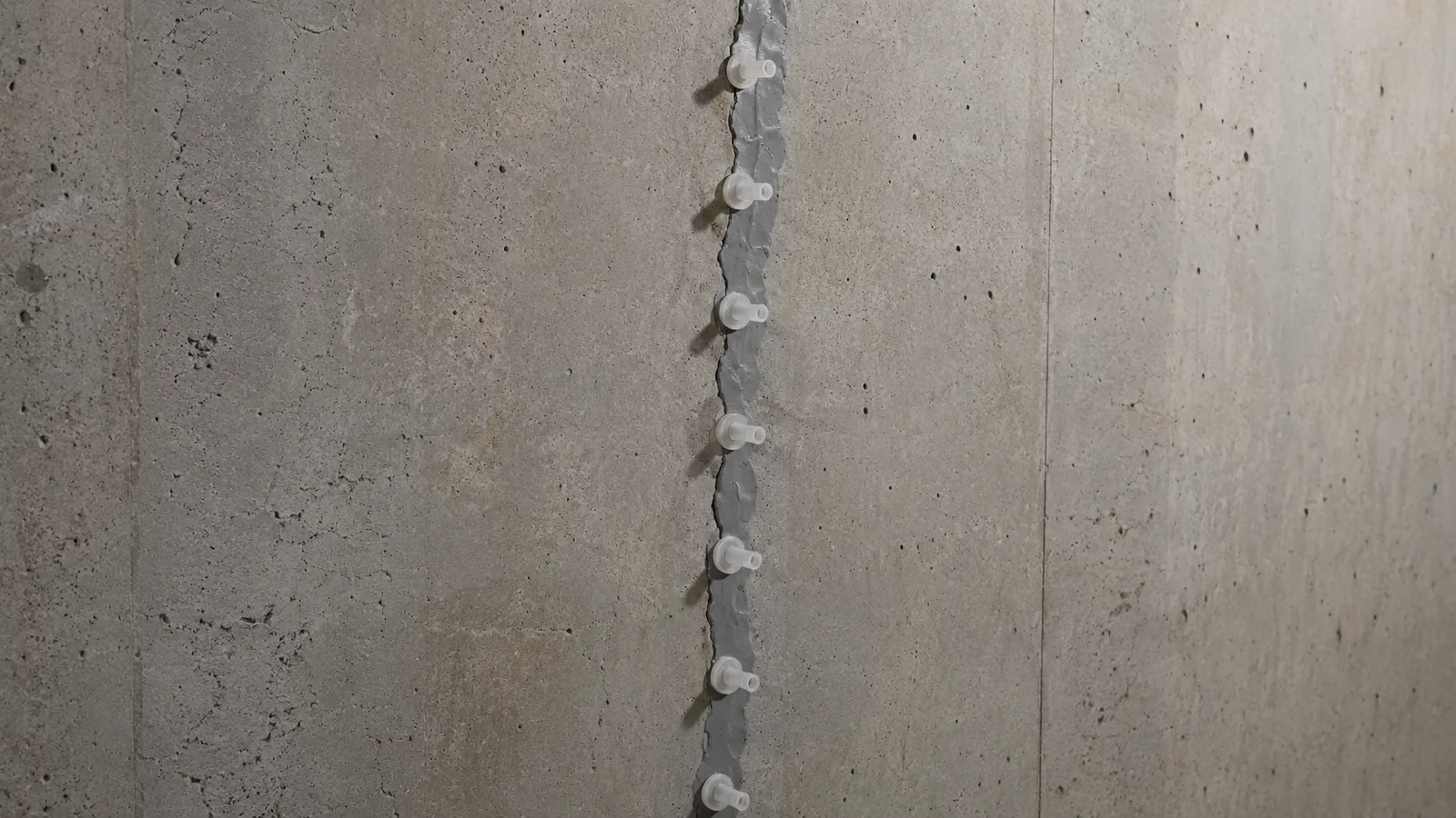 A vertical crack in a poured concrete wall sealed over with injection ports spaced down its length.