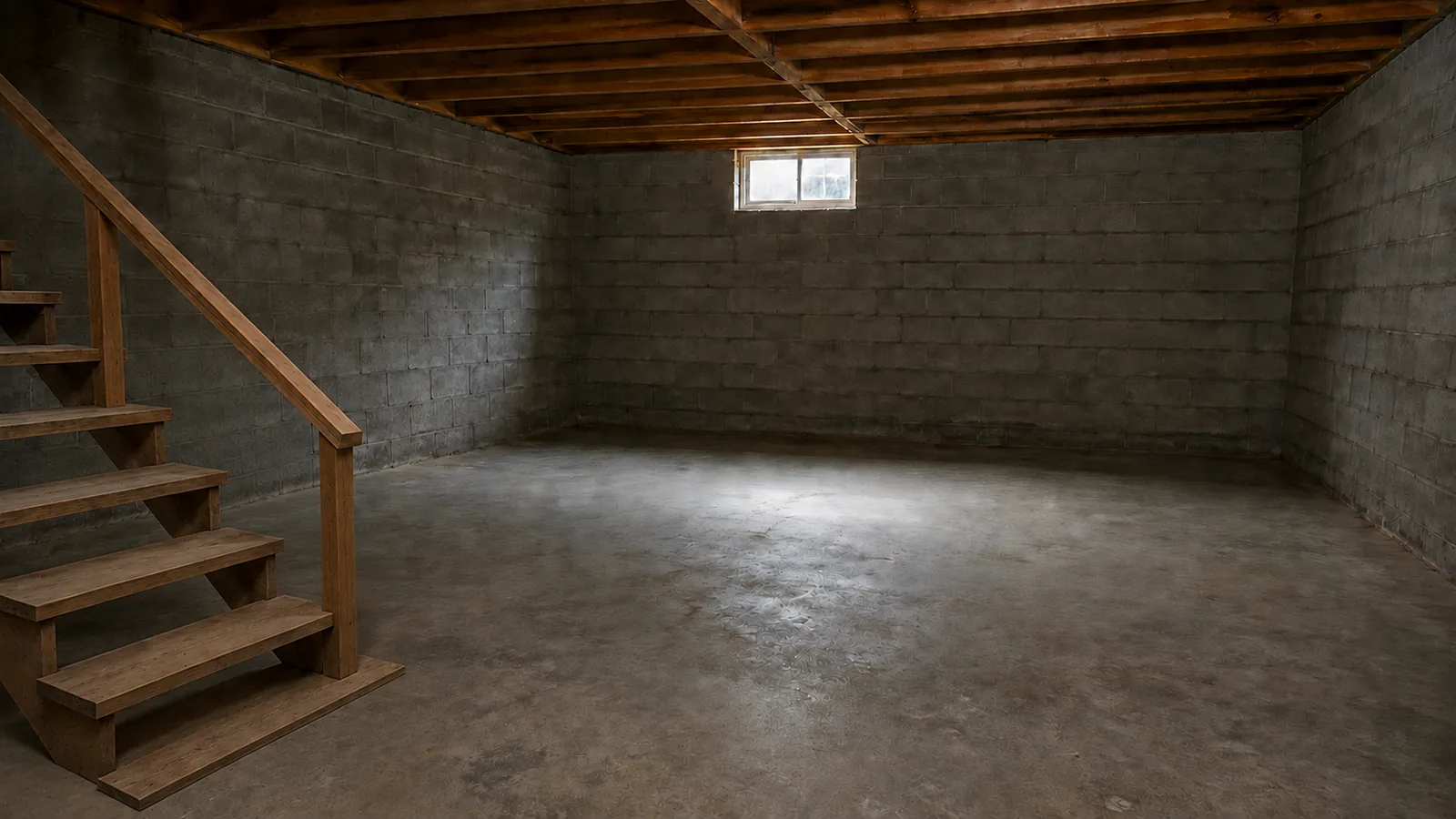 An empty unfinished basement with block walls, wooden stairs and daylight from a single window.