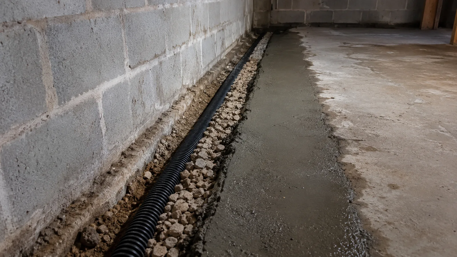 Perforated drain pipe bedded in gravel in a trench cut along the base of a block basement wall, the floor part-restored.