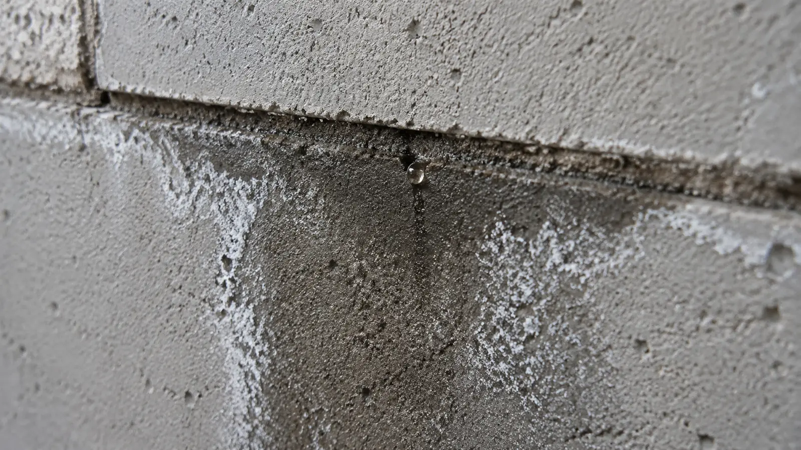 A bead of water on a block wall with white efflorescence staining spread around it.