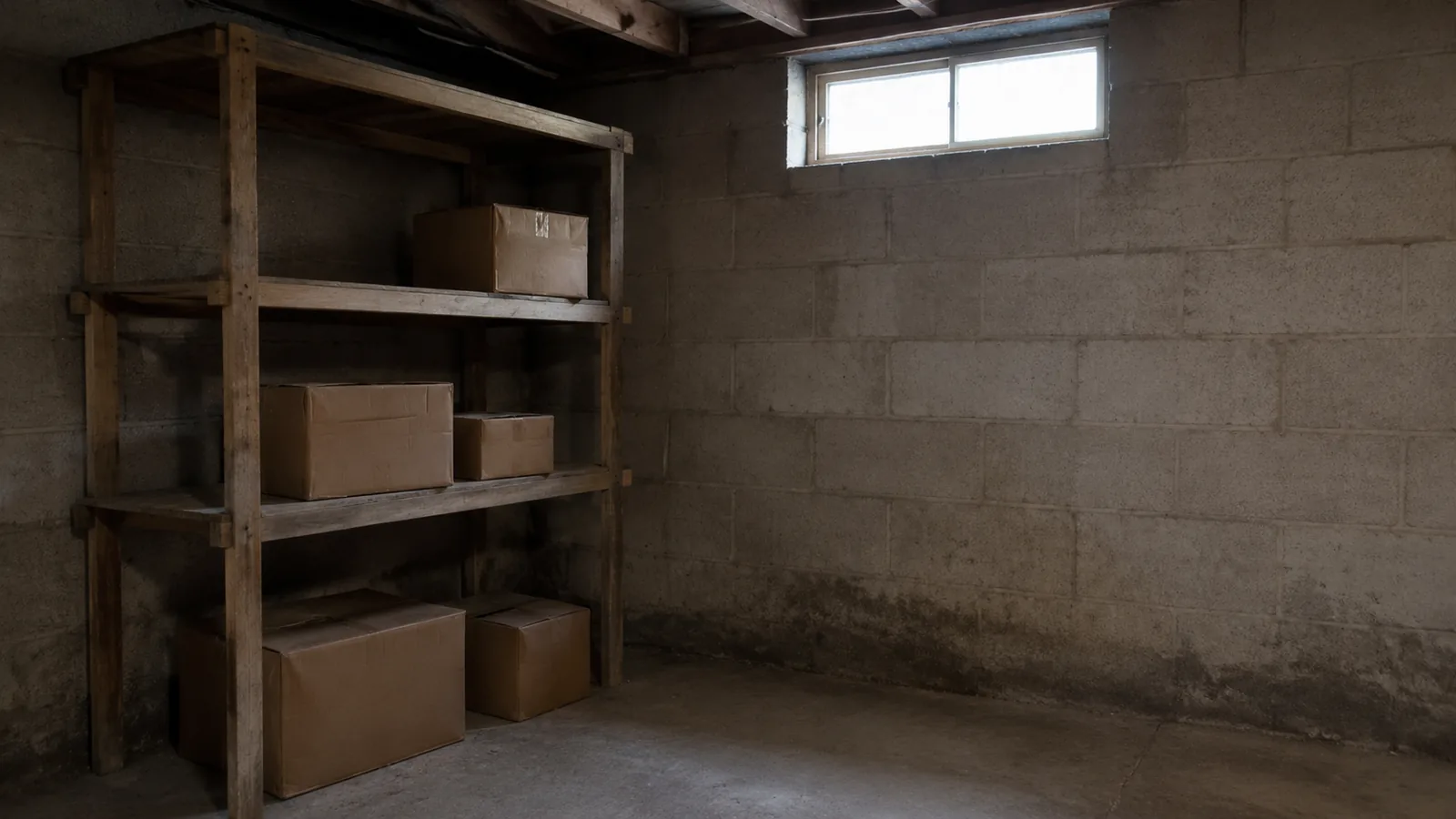 A dim unfinished basement with wooden shelving and cardboard boxes against a block wall stained dark along the base.