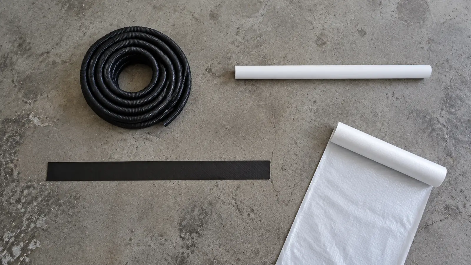 Drain pipe, PVC, a carbon fiber strap and a roll of vapor barrier laid out together.