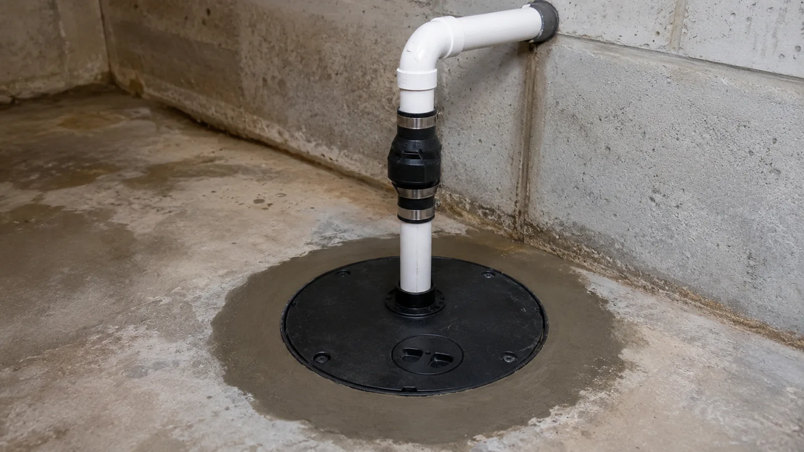 A sealed sump pit lid with a new PVC discharge line and check valve, set into fresh concrete.