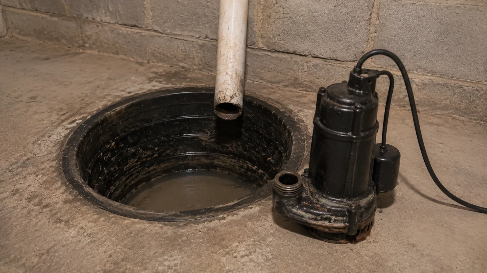 An old sump pump lifted out and set beside an open pit with standing water in the bottom.