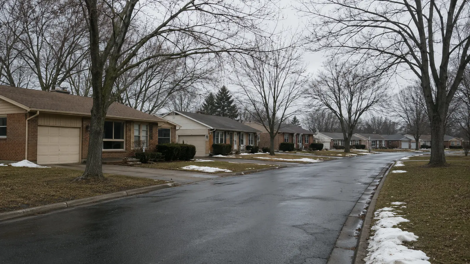 A quiet Portage street of single-story brick ranch homes with bare trees and patches of snow on the grass.