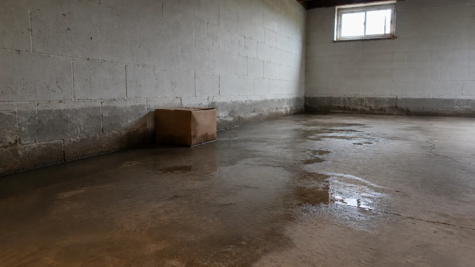 Standing water spread across a basement floor, a cardboard box sitting in it against a stained block wall.